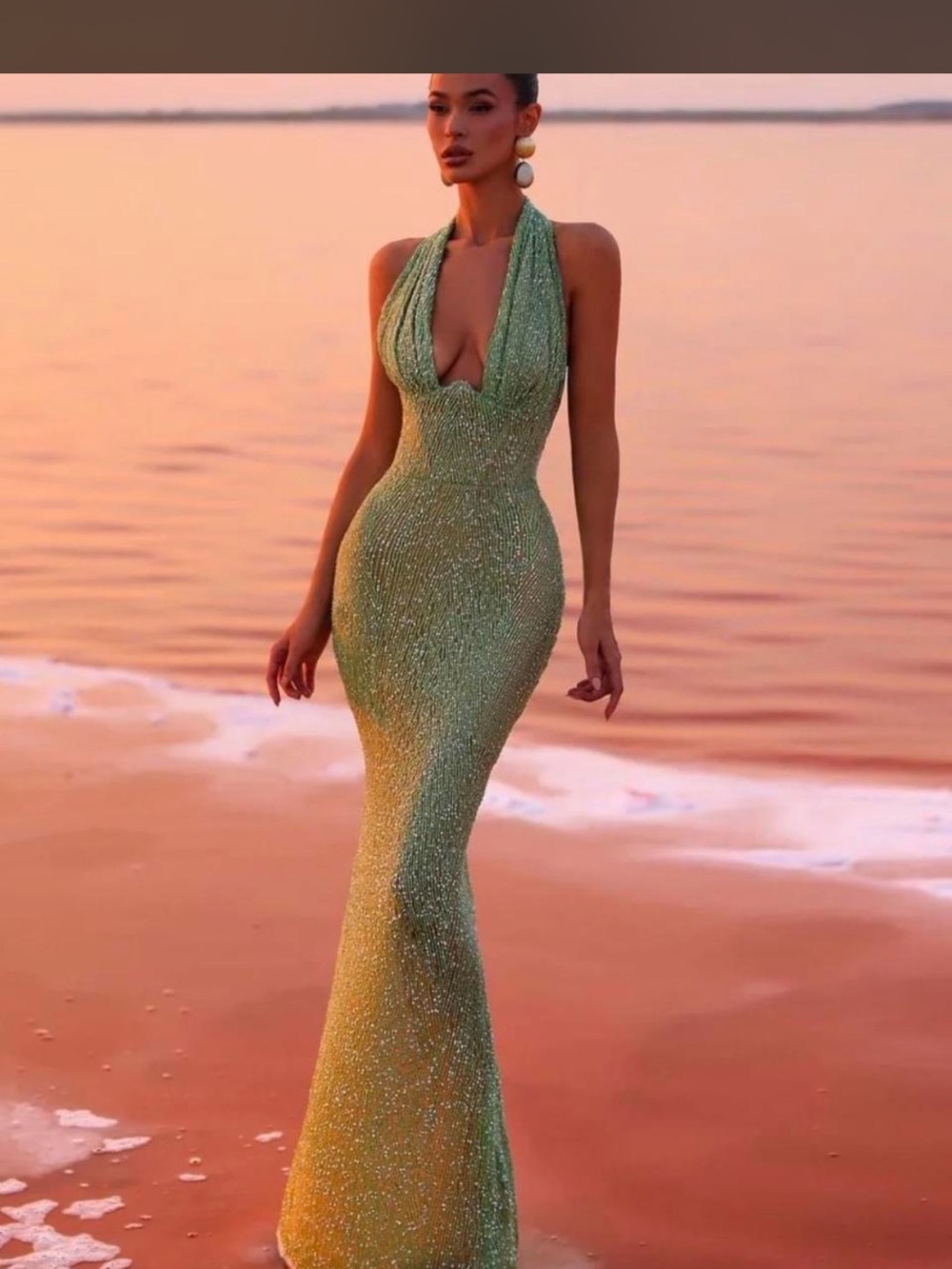 Green Halter Sequin Mermaid Maxi Dress